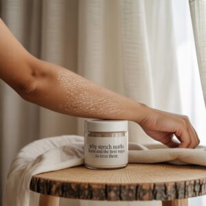 A close-up of a woman's hand grasping a jar of cream, emphasizing solutions for stretch marks.