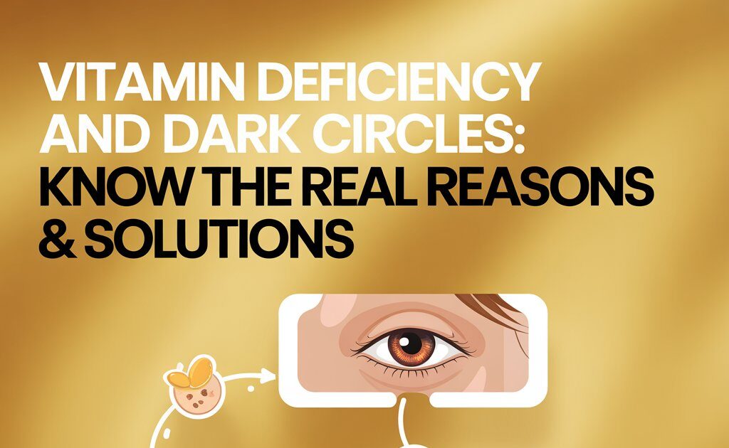 Medical infographic showing causes of dark circles under eyes linked to vitamin deficiency, poor sleep, dehydration, stress, and skincare solutions for healthier under-eye skin.