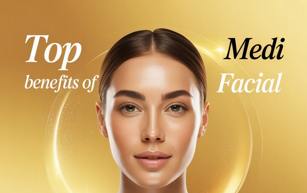 Infographic showing top benefits of medi facial treatment for healthy glowing skin including acne reduction, hydration, and skin brightening