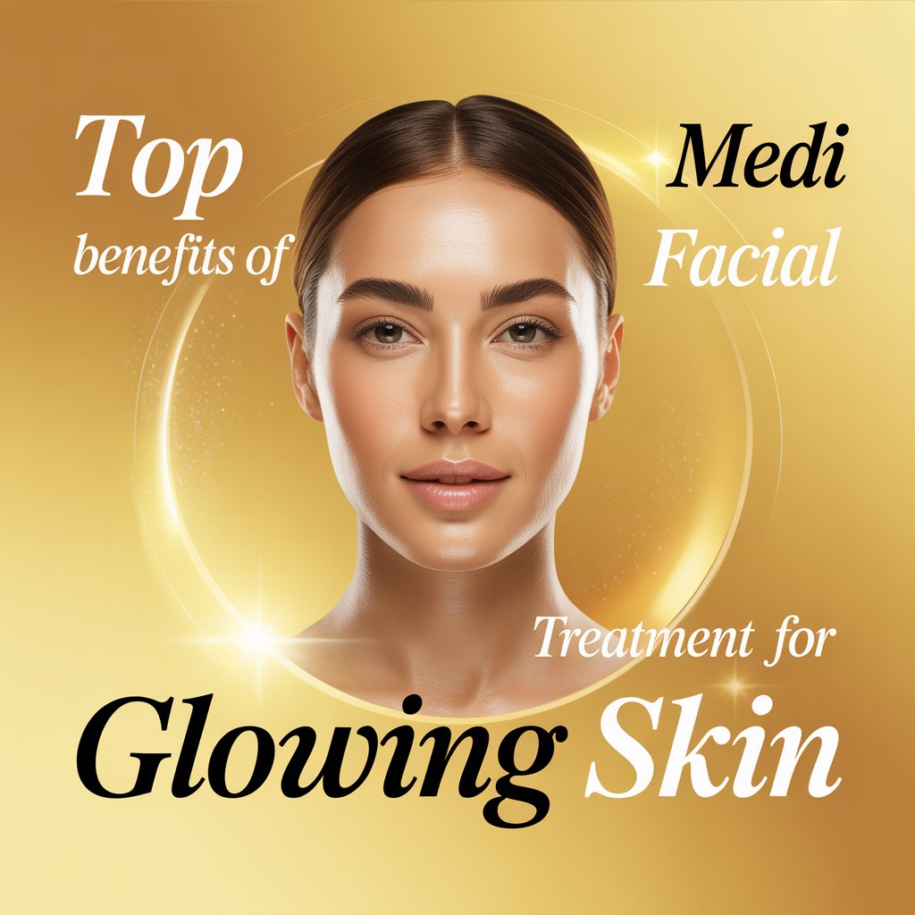 Infographic showing top benefits of medi facial treatment for healthy glowing skin including acne reduction, hydration, and skin brightening