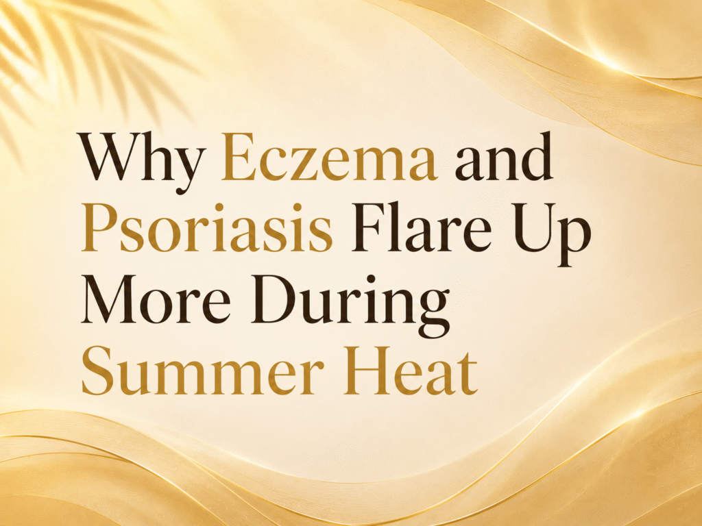 Woman scratching irritated skin on arm during hot summer weather, highlighting eczema and psoriasis flare-ups caused by heat, sweating, and skin dryness.