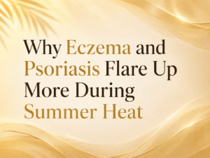 Woman scratching irritated skin on arm during hot summer weather, highlighting eczema and psoriasis flare-ups caused by heat, sweating, and skin dryness.