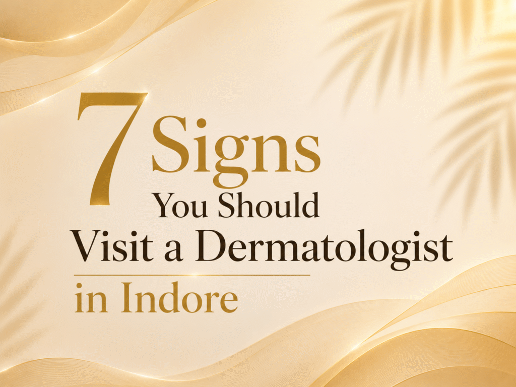 Woman examining facial skin concerns in mirror with dermatologist consultation theme for “7 Signs You Should Visit a Dermatologist in Indore”.