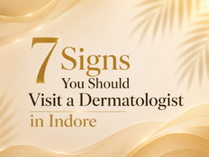 Woman examining facial skin concerns in mirror with dermatologist consultation theme for “7 Signs You Should Visit a Dermatologist in Indore”.