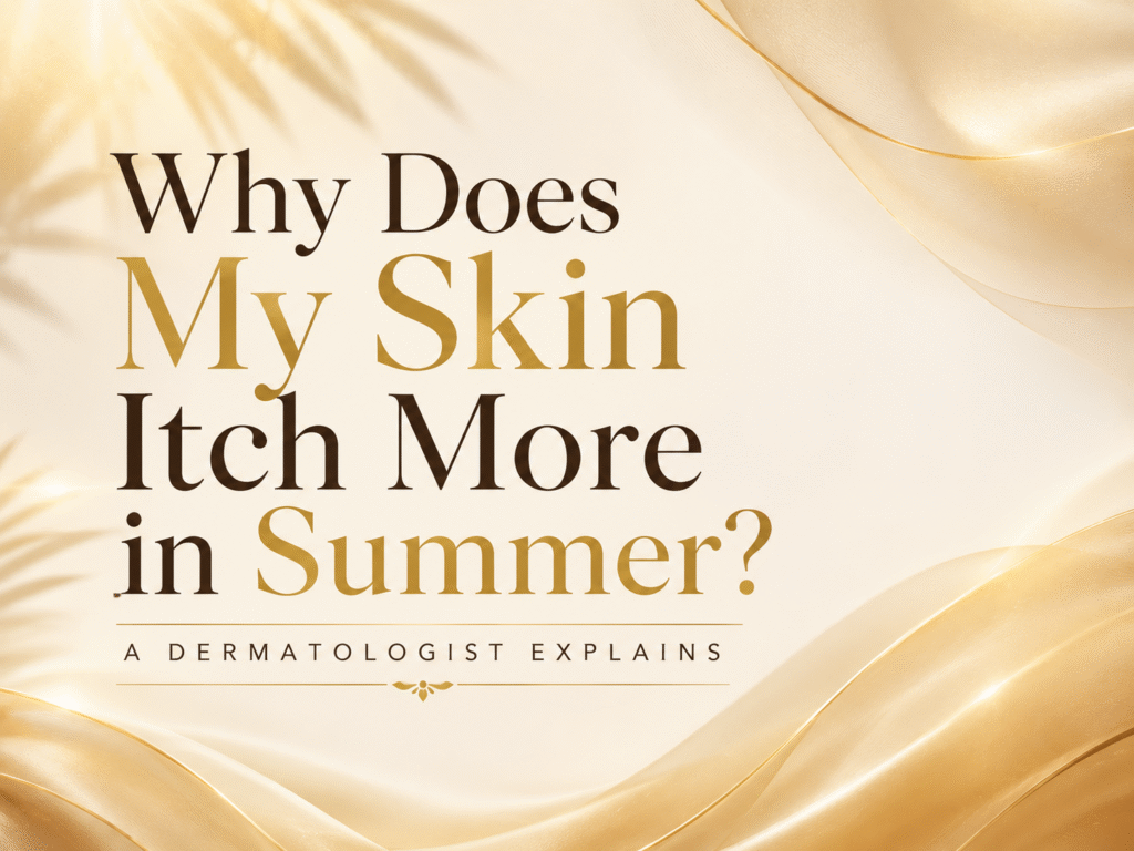 Woman scratching itchy skin during summer heat with soft pastel background and dermatology-themed design for skincare blog.