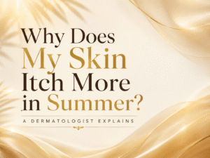 Woman scratching itchy skin during summer heat with soft pastel background and dermatology-themed design for skincare blog.