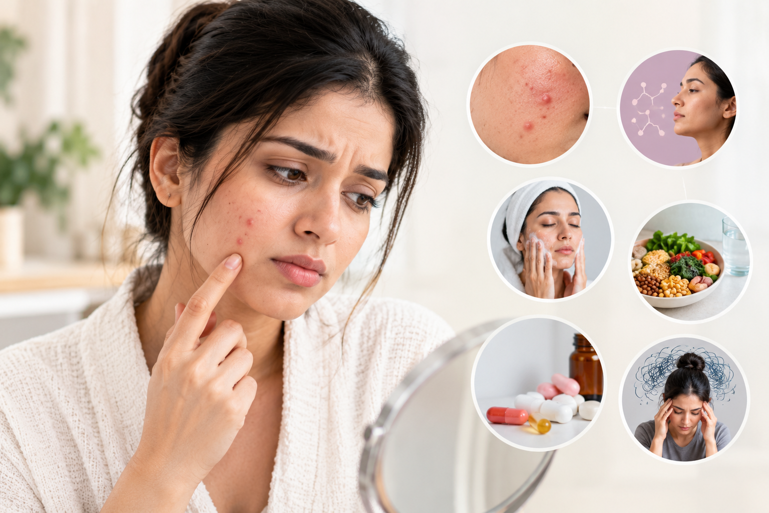 Woman examining recurring pimples on her cheek with common acne triggers and skincare factors illustrated