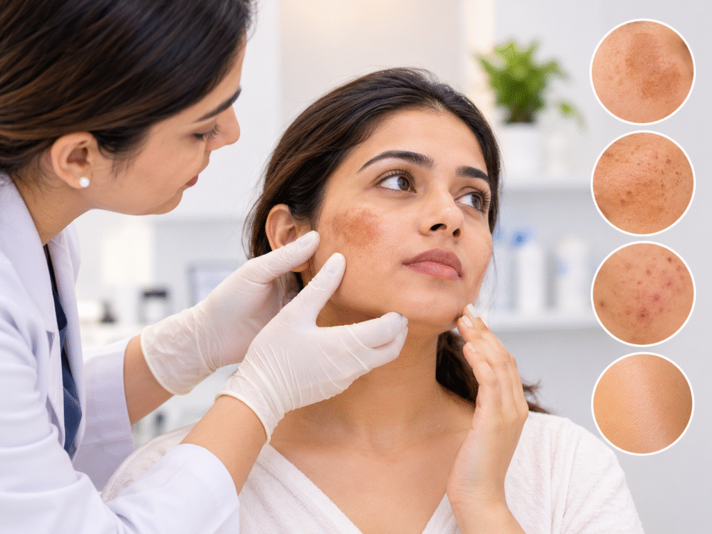Dermatologist examining facial pigmentation and uneven skin tone during a skin consultation for laser toning treatment.