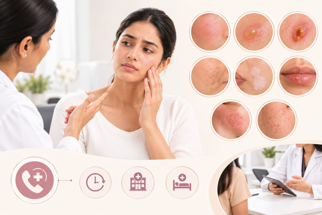 Signs of laser facial complications, including redness, blisters, crusting, pigmentation changes, cold sores, and rashes, with a dermatologist consultation for timely treatment.