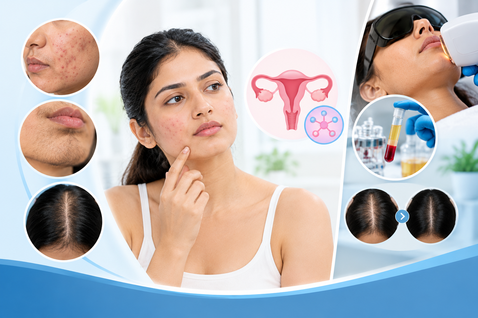 PCOS symptoms in women, including acne, excess facial hair, scalp hair thinning, and hormonal changes