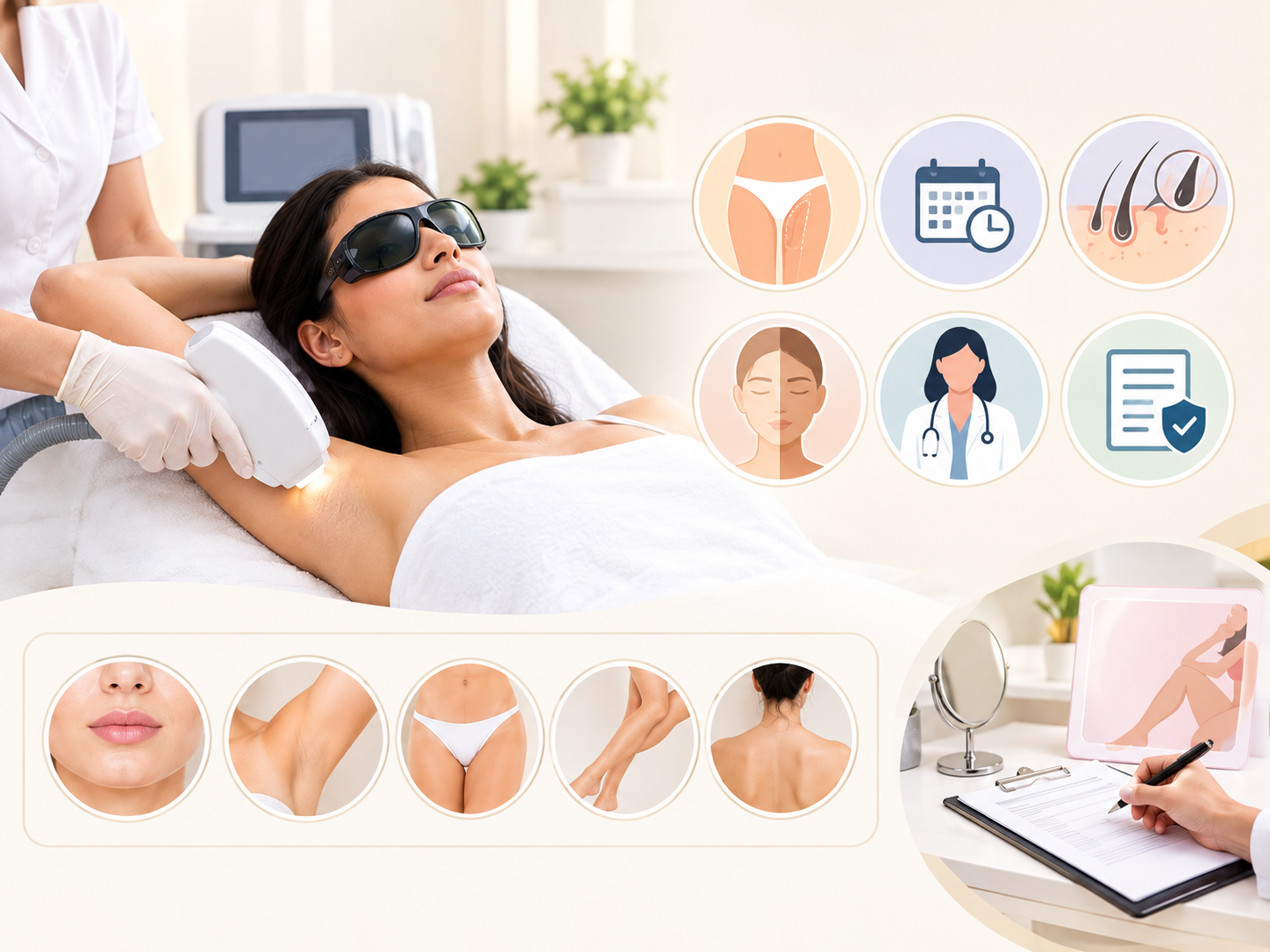 Laser hair removal cost in Indore showing treatment areas, including face, underarms, bikini line, legs, and back, with a dermatologist consultation.