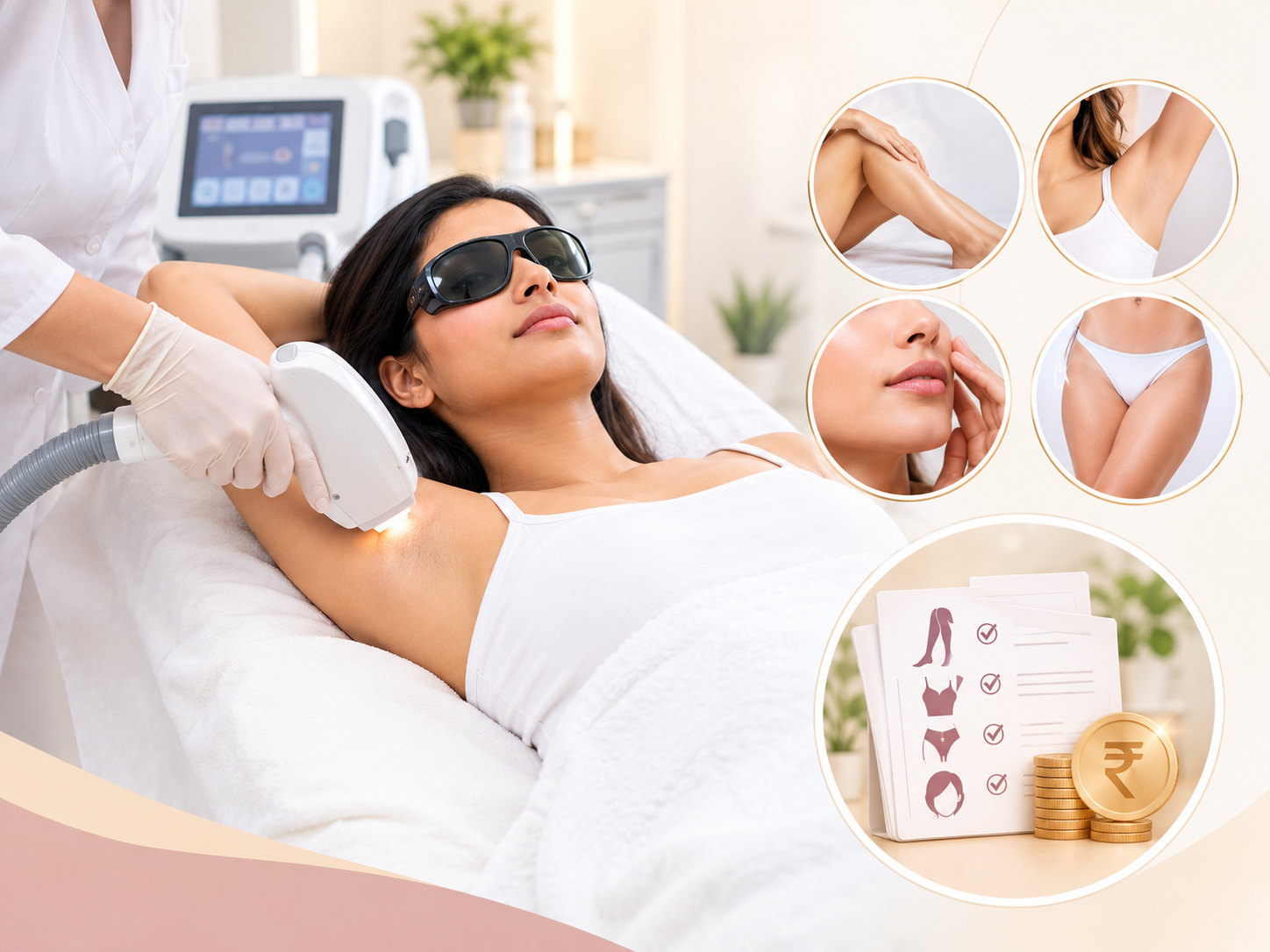 Laser hair removal treatment in Indore showing underarm, legs, face, and bikini areas with a visual guide to treatment packages and costs.