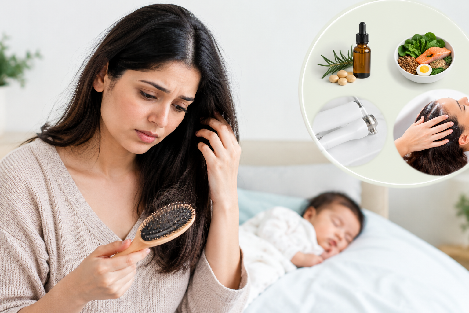 Mother noticing postpartum hair shedding while holding a hairbrush with her newborn nearby