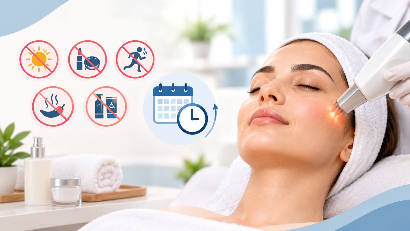 Laser facial treatment with aftercare precautions, skincare products to avoid, and recovery timeline