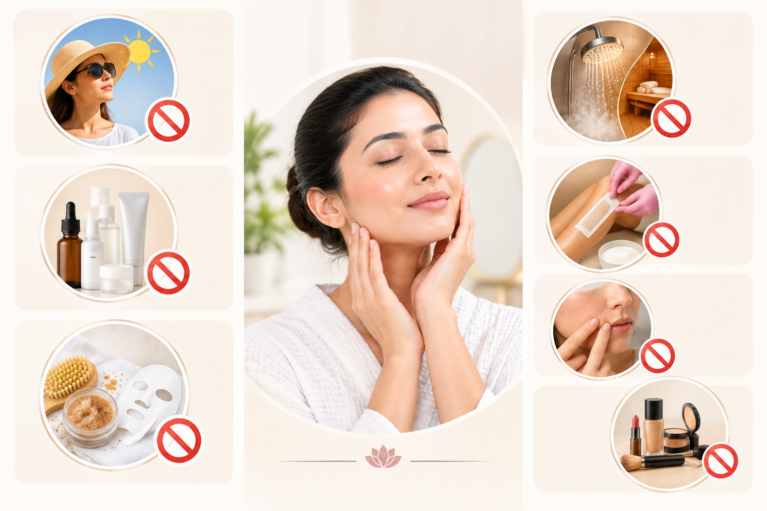 What to Avoid After a Laser Facial,, including direct sunlight, harsh skincare products, exfoliation, hot showers, waxing, picking skin, and makeup during recovery.
