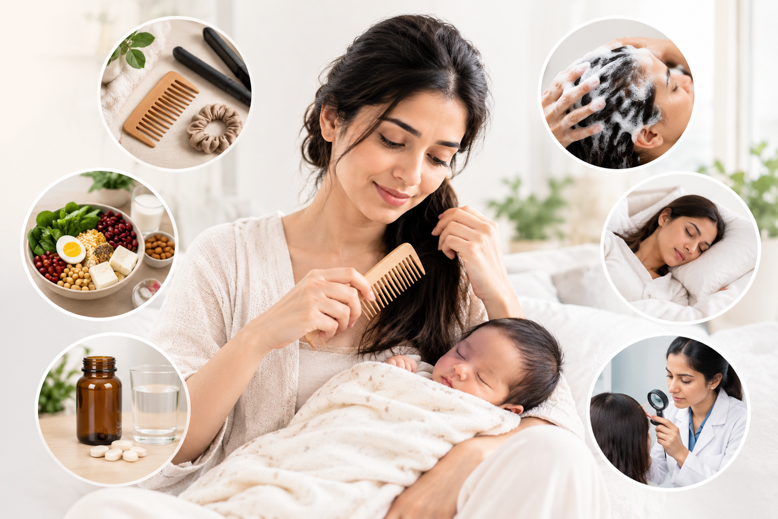 Postpartum hair care tips including gentle combing, nutritious foods, scalp care, rest and dermatologist consultation