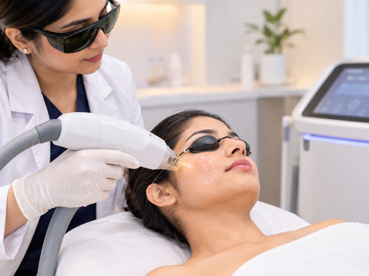 Laser toning treatment for facial pigmentation performed by a dermatologist using a laser device and protective eyewear in a clinical setting.
