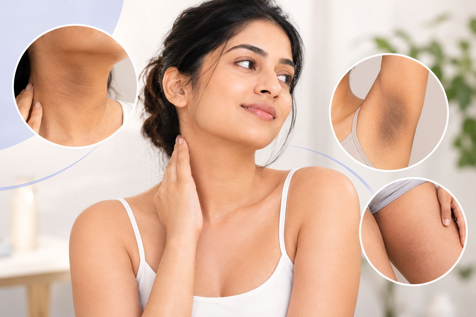 South Asian woman with close-up views of dark pigmentation on the neck, underarms and inner thighs.