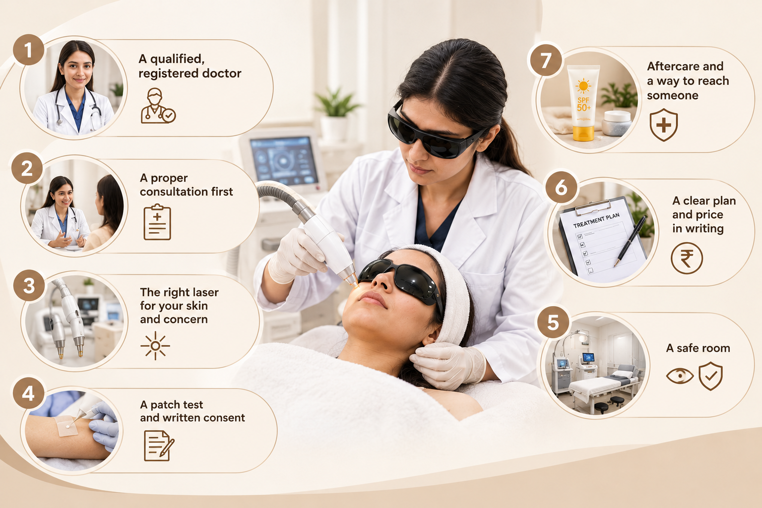 Laser treatment safety checklist showing a dermatologist performing a facial laser procedure, with seven key factors for choosing a safe laser clinic.